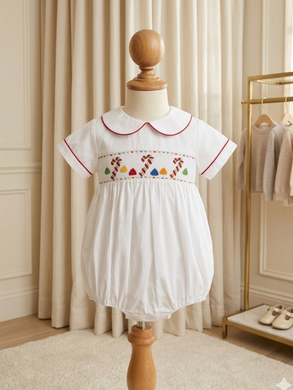 Claire & Charlie Smocked Candy Cane Bubble Red Trim 18M